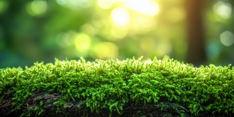 Lush Green Moss Detail with Forest Canopy Glow, Soft Focus Nature Scene