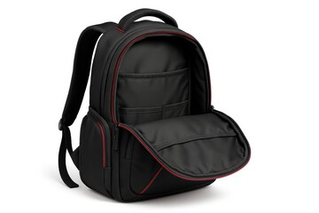 Naklejka premium Open Black Backpack with Red Trim Displayed on a White Background