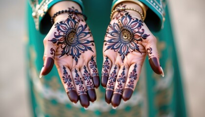 Intricate henna designs adorn open hands, showcasing detailed floral patterns and traditional artistry.