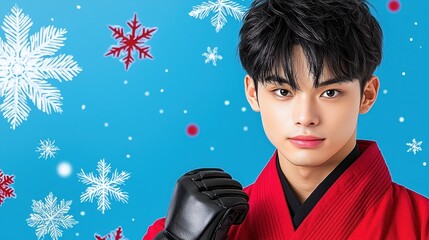 Young man in red kimono, snowflakes falling on him, light blue background. Winter festive mood. Close up portrait
