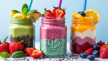 Three colorful fruit smoothies in mason jars, garnished with fresh berries, mint, and lemon, are surrounded by vibrant fruits on a bright surface.