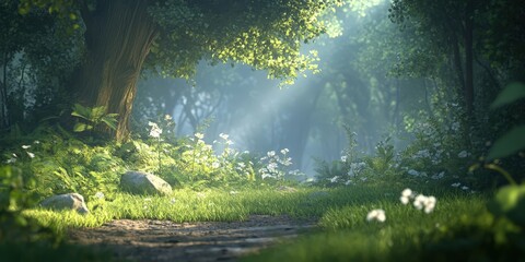 Sunlight Through Trees in Forest. Peaceful Scene with Flowers and Light.
