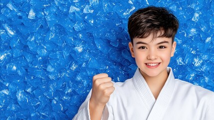 Smiling boy in a white karate gi poses with a clenched fist against a blue ice background. He is centered in the frame and looking at the camera. The