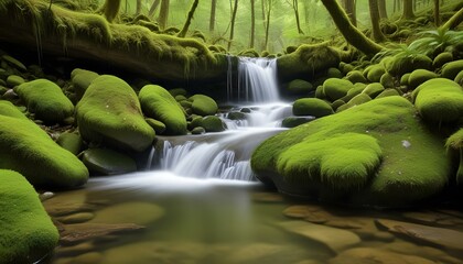 A stunning waterfall flows over mossy rocks in a verdant forest.