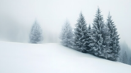 Fototapeta premium Winter foggy landscape with pine trees nature scene snowy environment serene viewpoint