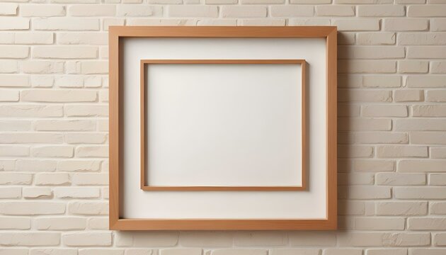 Two nested wooden picture frames hang on a cream brick wall, ready for art.