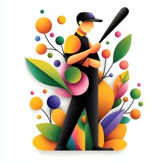 Baseball player illustrated with vibrant floral background, colorful paper cut out style,  flat design aesthetic. Man holds a bat, wearing black