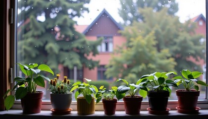 Several potted plants sit on a windowsill with a view of houses and trees outside through a rain-speckled window.