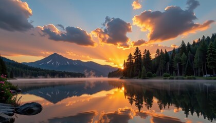 A serene lake reflects a vibrant sunset, with mountains, pine trees, and colorful clouds creating a stunning natural landscape.