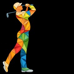 A vibrant vector image depicts a golfer in mid swing, composed of colorful geometric shapes against a stark black background, highlighting the