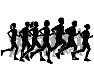Silhouette of crowd of young people running, morning jogging, side view, isolated icon on white background.