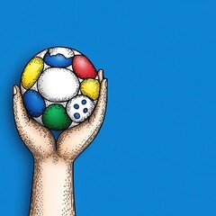 Close up view of hands holding a colorful patterned ball against a solid blue background. The illustration style is reminiscent of a vintage print