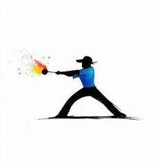 Silhouette of a man wearing a hat and blue shirt, holding a tool that emits colorful sparks on a white backdrop with detailed pixelated effect