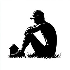 Black and white silhouette of a person sitting on the grass, next to a small house illustration. Conveys contemplation and solitude