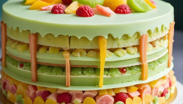 A vibrant layered fruit cake, beautifully decorated and perfect for any celebration.