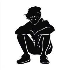 Black and white silhouette of a person sitting on the ground, wearing a beanie and sneakers. The figure is depicted in a contemplative pose