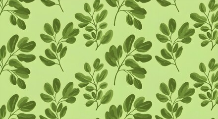 A repeating pattern of green leaves and branches creates a seamless design.
