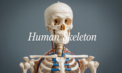 Human skeleton model close up showing anatomical details on a gray background