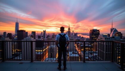 A person with a backpack stands on a rooftop, overlooking a vibrant city skyline at sunset with dramatic, colorful clouds.