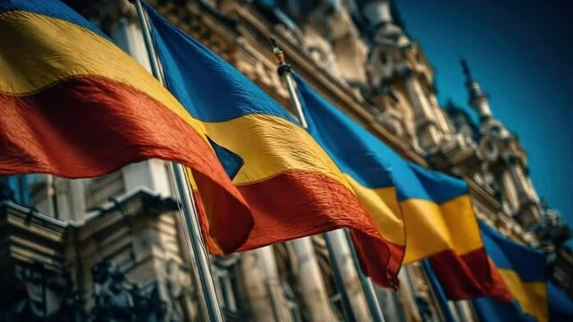 Multiple Romanian flags waving in the wind in front of ornate historic architecture under a clear blue sky, symbolizing unity, national pride and cultural identity in a ceremonial atmosphere, AI gener