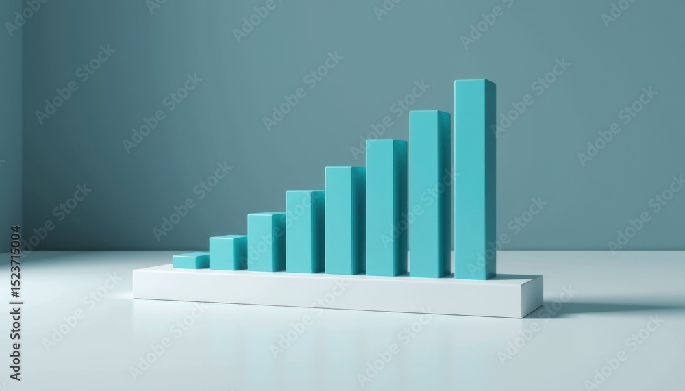 Poster a blue 3d bar chart with ascending bars is displayed in a minimalist, modern setting.