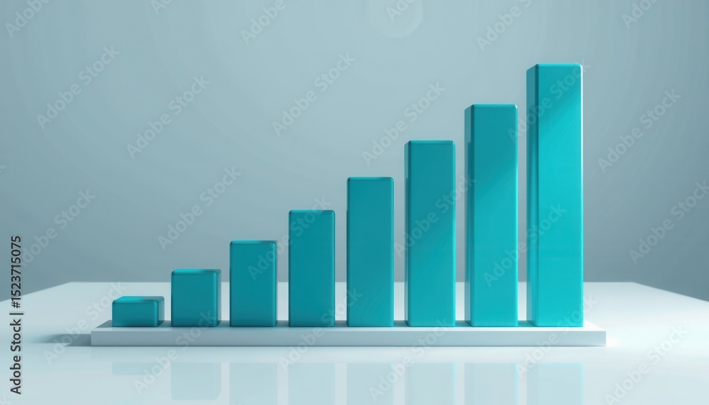 Poster a 3d turquoise bar graph shows increasing values from left to right on a glossy reflective surface.