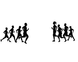 Silhouette of crowd of young people running, morning jogging, side view, isolated icon on white background.