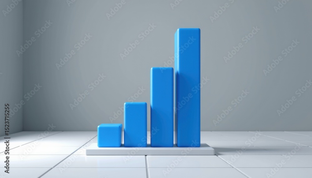 Poster a 3d blue bar graph with four ascending columns stands on a white tiled floor against a plain gray b