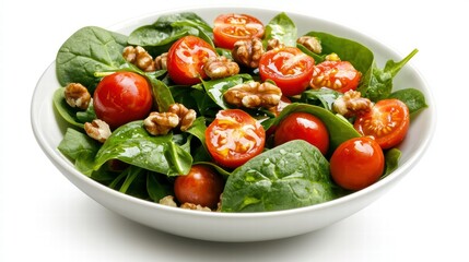 A vibrant bowl of salad featuring spinach, cherry tomatoes, nuts, and a drizzle of olive oil. Represents plant-based nutrition and healthy living.