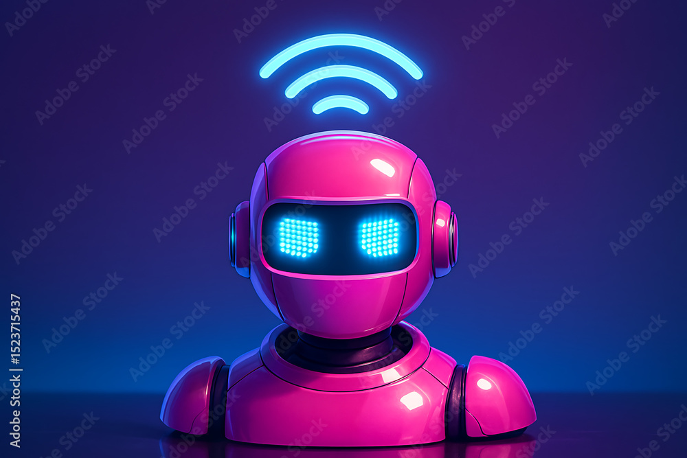 Poster futuristic pink robot with wireless connectivity symbol illustrating artificial intelligence technol