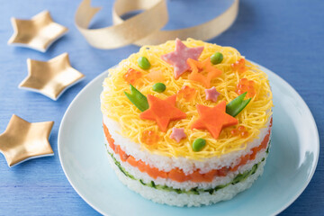 【七夕ちらし寿司】７月７日は七夕です。夜空のように星を散らして七夕気分を楽しむ七夕ちらし寿司です。