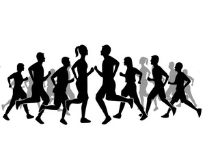 Silhouette of crowd of young people running, morning jogging, side view, isolated icon on white background.