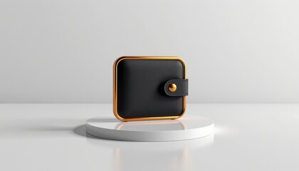 A modern black square wallet with gold trim is displayed on a white circular platform against a minimalist background.