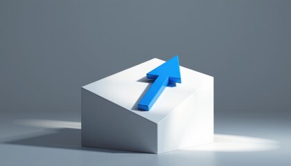 A blue upward arrow rests on a white geometric block, symbolizing progress and growth on a minimalist gray background.