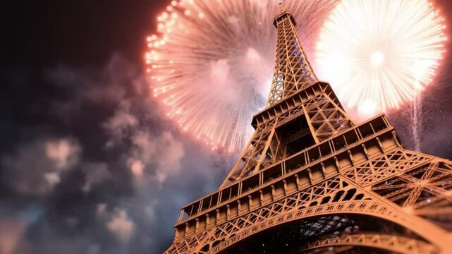 Stylized view of Eiffel Tower illuminated at night as colorful fireworks explode in the sky, creating a festive, cinematic celebration atmosphere over Paris landmark, symbolic scene, AI generated