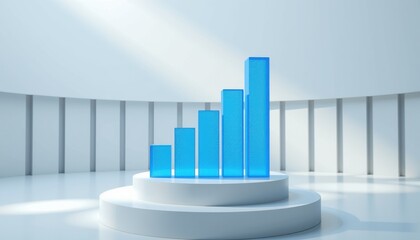 A 3D blue bar graph stands on a circular podium in a modern, minimalist white room with soft lighting.