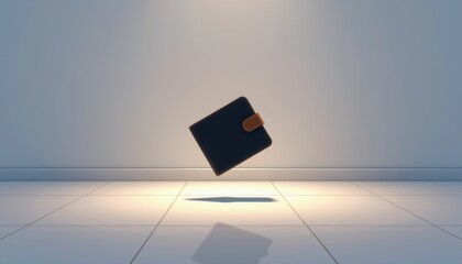 A black wallet with a brown strap floats above a tiled floor under a spotlight, casting a shadow on the ground.