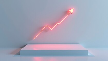A minimalist scene with a glowing red upward arrow graph on a white platform, symbolizing growth and success.