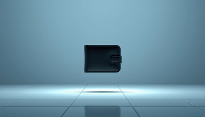 A black leather wallet is suspended in mid-air above a glossy tiled floor, against a minimalist blue background.