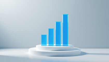 A 3D blue bar graph stands on a white circular podium, representing growth, progress, or statistical data in a clean, modern setting.