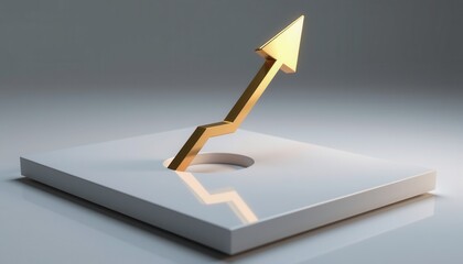 A golden arrow breaks through a white surface, symbolizing growth, success, and upward progress against a minimalist background.