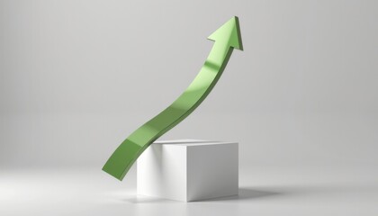 A green upward arrow curves above a white cube, symbolizing growth and progress on a minimalistic, light background.