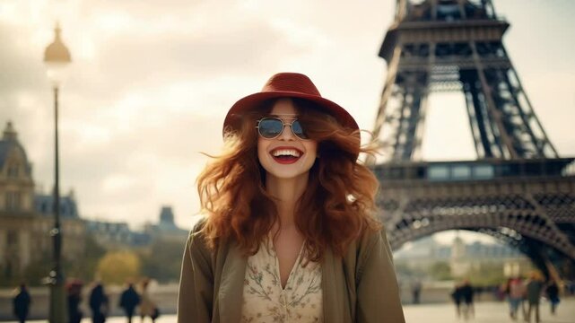 Joyful woman smiling near Eiffel Tower
