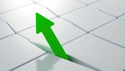 A green arrow breaks through white tiles, symbolizing growth, progress, and overcoming barriers.