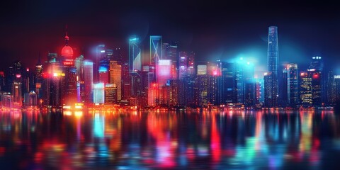 Dazzling Cityscape Night Lights Reflected in Water, Neon City Glow