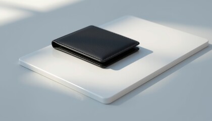 A black leather wallet rests on a closed laptop, placed on a minimalist white surface in natural light.