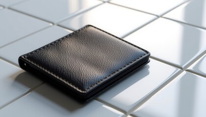 A black leather wallet rests on glossy white tiles under natural lighting.