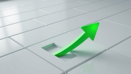 A green arrow breaking through a white tiled surface, symbolizing growth, progress, and innovation.