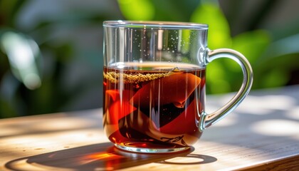 A clear glass mug of black tea with a tea bag sits on a sunlit wooden surface, with green blurred foliage in the background.