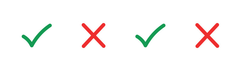 Obraz premium Correct and wrong icons are set in green and red colors. Tick and cross icons. Vector illustration, check mark icon button set. Yes or no checkmark icons in a green tick box and a red cross.